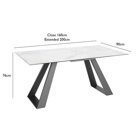 Vortex 160-200cm Grey Gloss Ceramic Extending Dining Table - Diemensions 