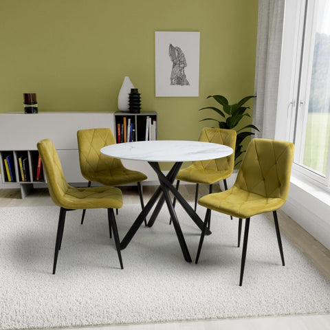 White Marble Effect Round Dining Table with 4 Yellow Brushed Velvet Chairs. Table also available in Granite effect and Chairs also available in Grey-Lifestyle image