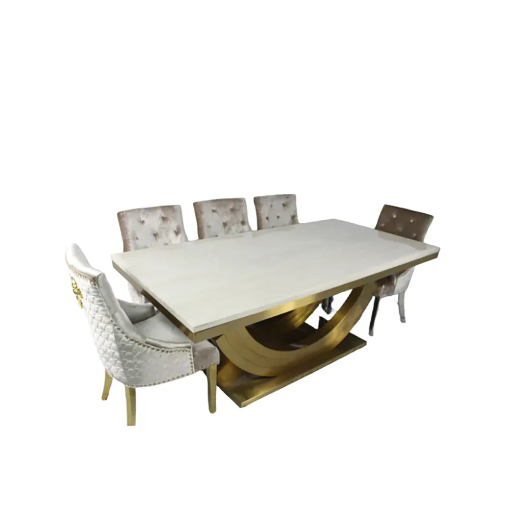 Cream Marble Top Dining table With Gold Base and 6 Dining Chairs