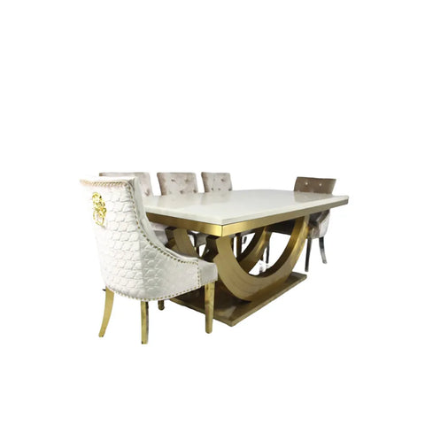 Lucas 2m Gold Marble Dining Table Set with 6 Lion Knocker Chairs