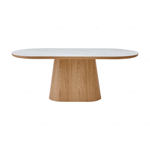 Lucerne Oval White Sintered Stone Dining Table with Oak Pedestal Base