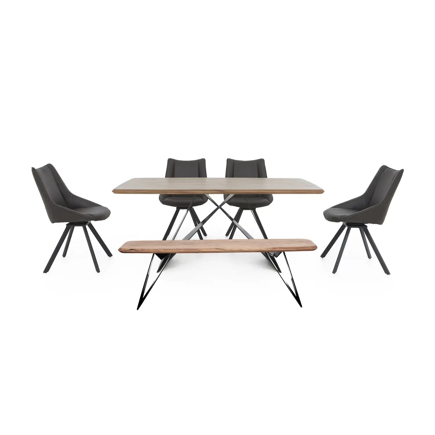 Lucio 170cm Dining Table with Dining Bench and 4 Faux Leather Swivel Dining Chairs