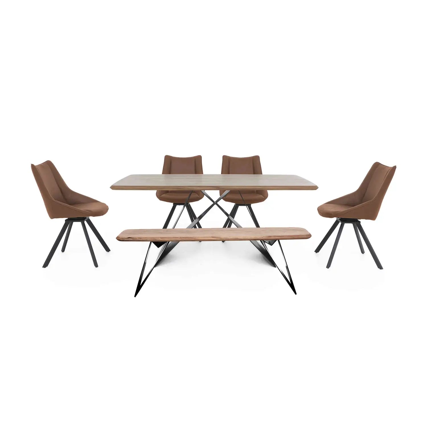 Lucio 170cm Dining Table with Dining Bench and 4 Faux Leather Swivel Dining Chairs