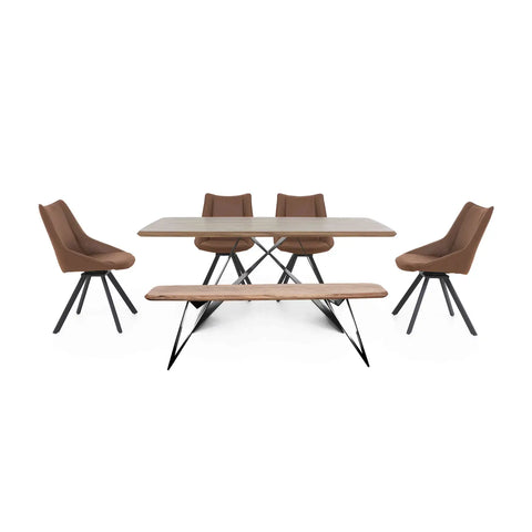 Luca 170cm Dining Table with Dining Bench and 4 Faux Leather Swivel Dining Chairs