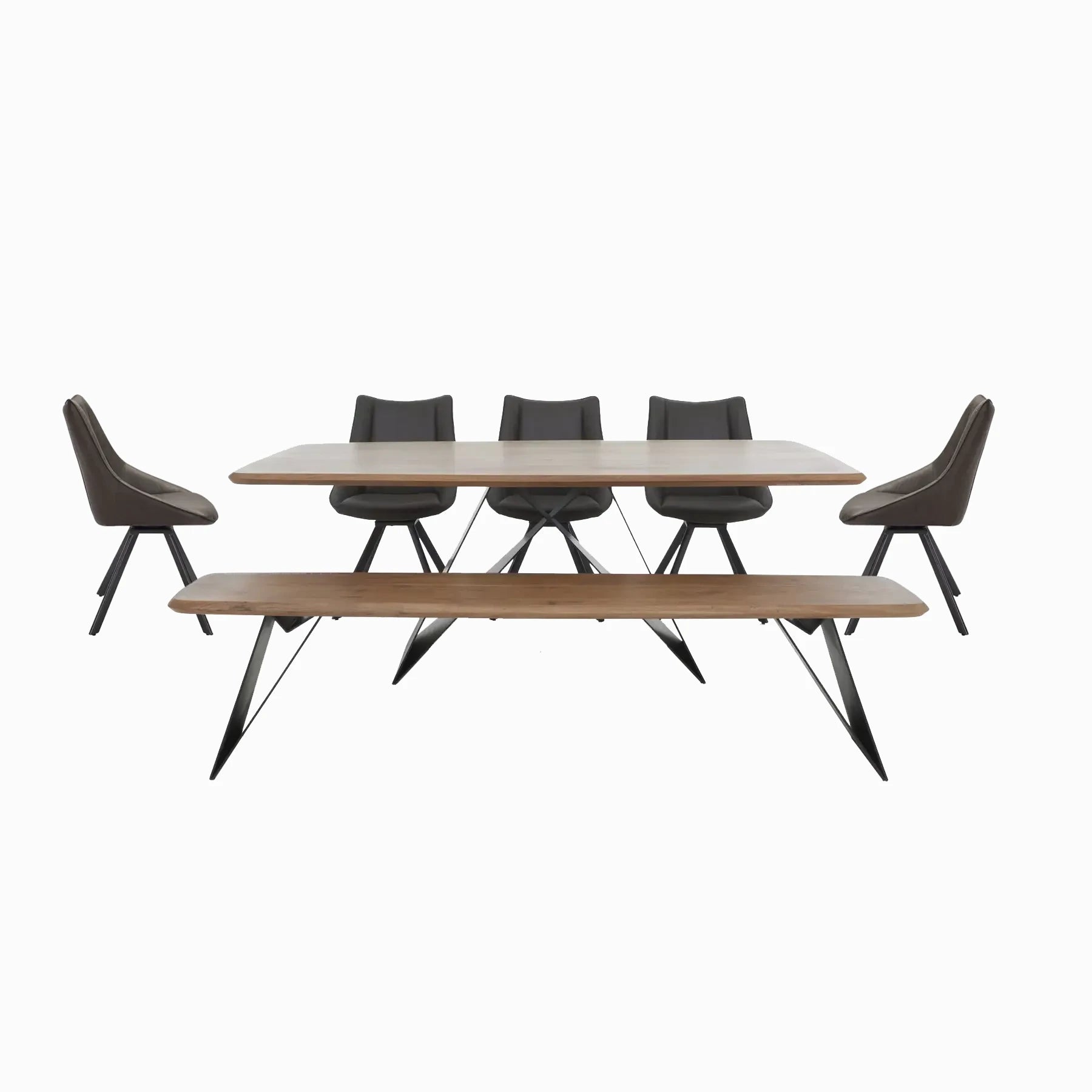 Lucio 200cm Dining Table with 200cm Dining Bench and 3 Faux Leather Swivel Dining Chairs