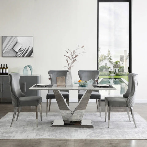 Luann Grey Marble Top Dining Table with Ring Knocker Chairs