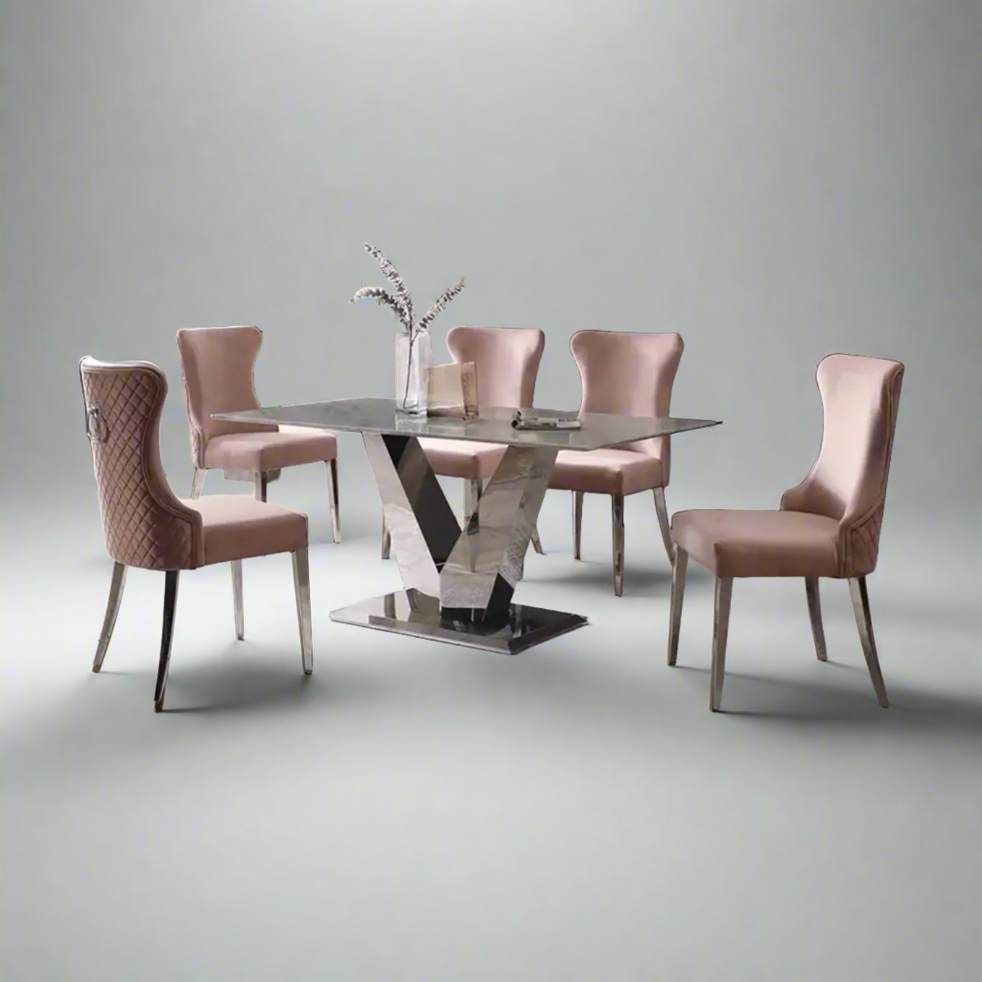 Venice 160cm Grey Marble Dining Table With Pink Chairs