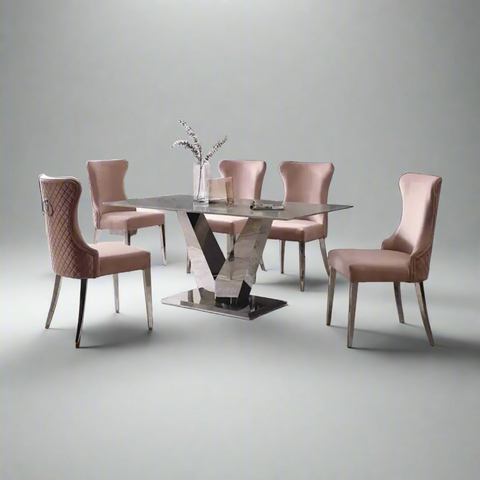 Luann Fixed Table & 4 Blush Velvet Upholstered Chairs