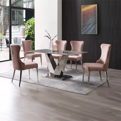 Venice Grey Marble dining Table With Plush Pink Ring Knocker Dining Chairs 