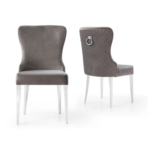 Grey Plush Velvet Ring knocker back Dining Chairs with chrome legs