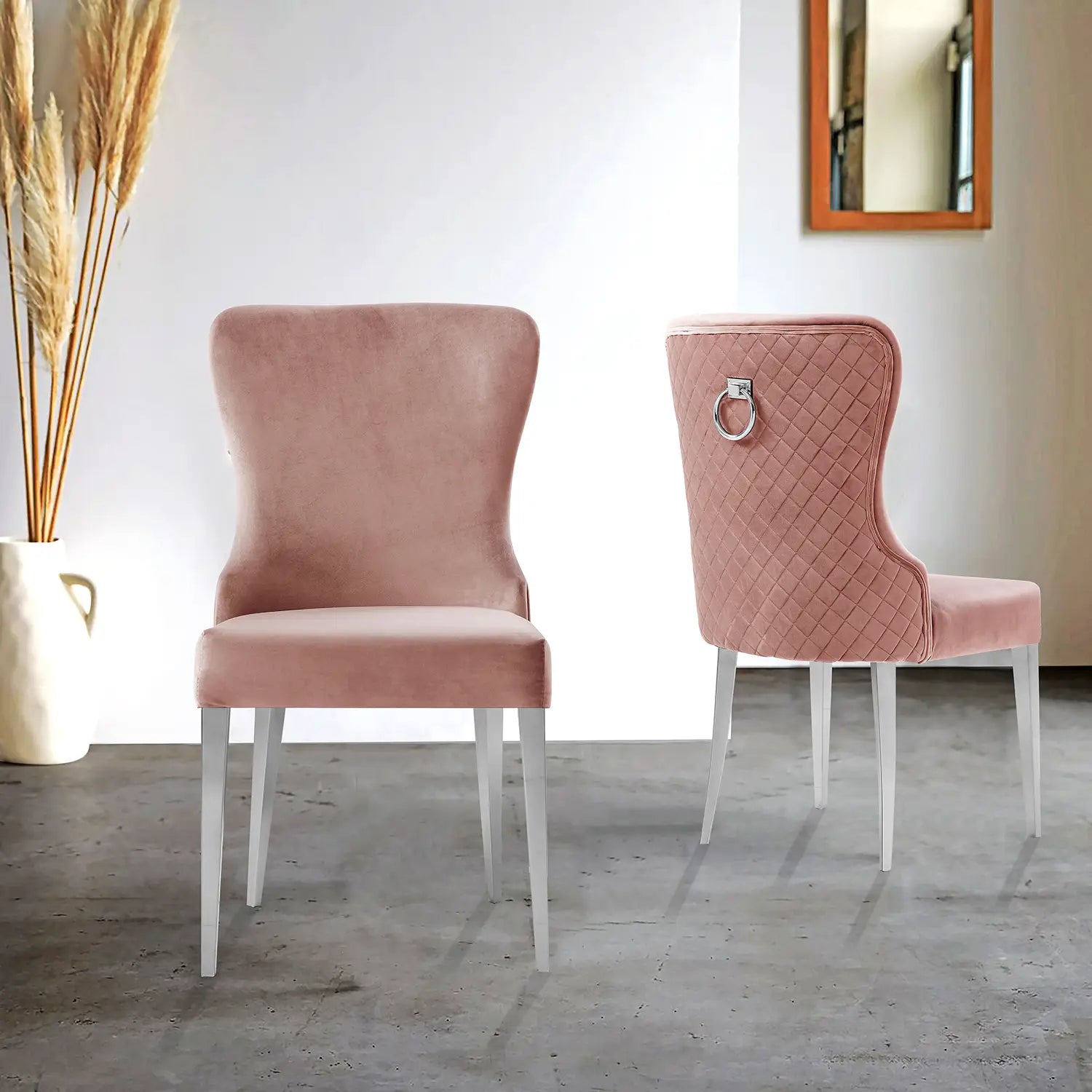 Venice Pink Velvet Set of 6 Quilted Back Dining Chairs