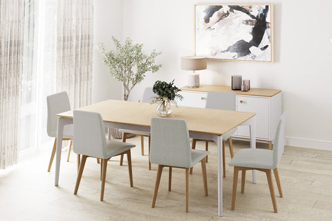 Skye Set of 4 Natural PU Dining Chairs, also available in Grey or Natural fabric- Lifestyle Image