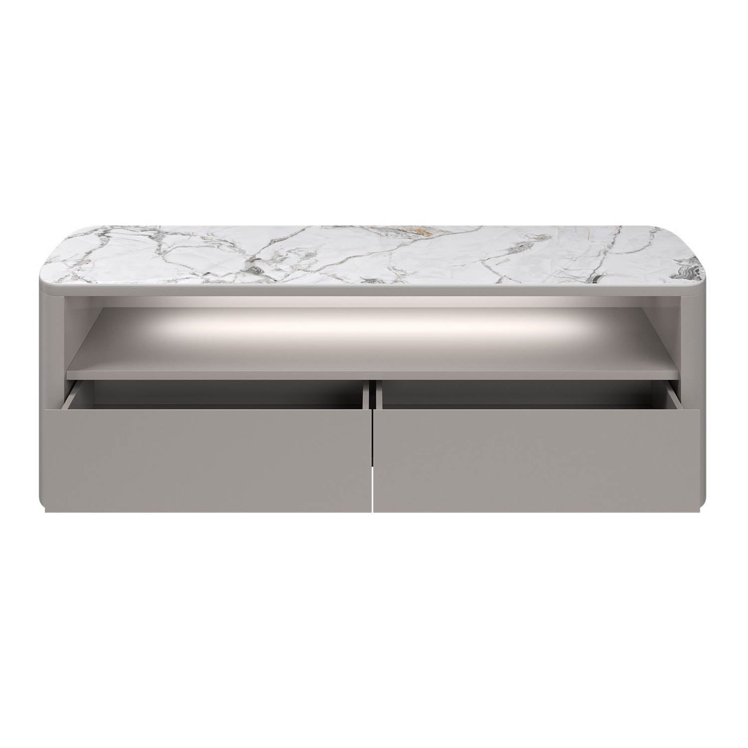 Milan Light Grey TV-Unit with White Ceramic Top - Open Drawers