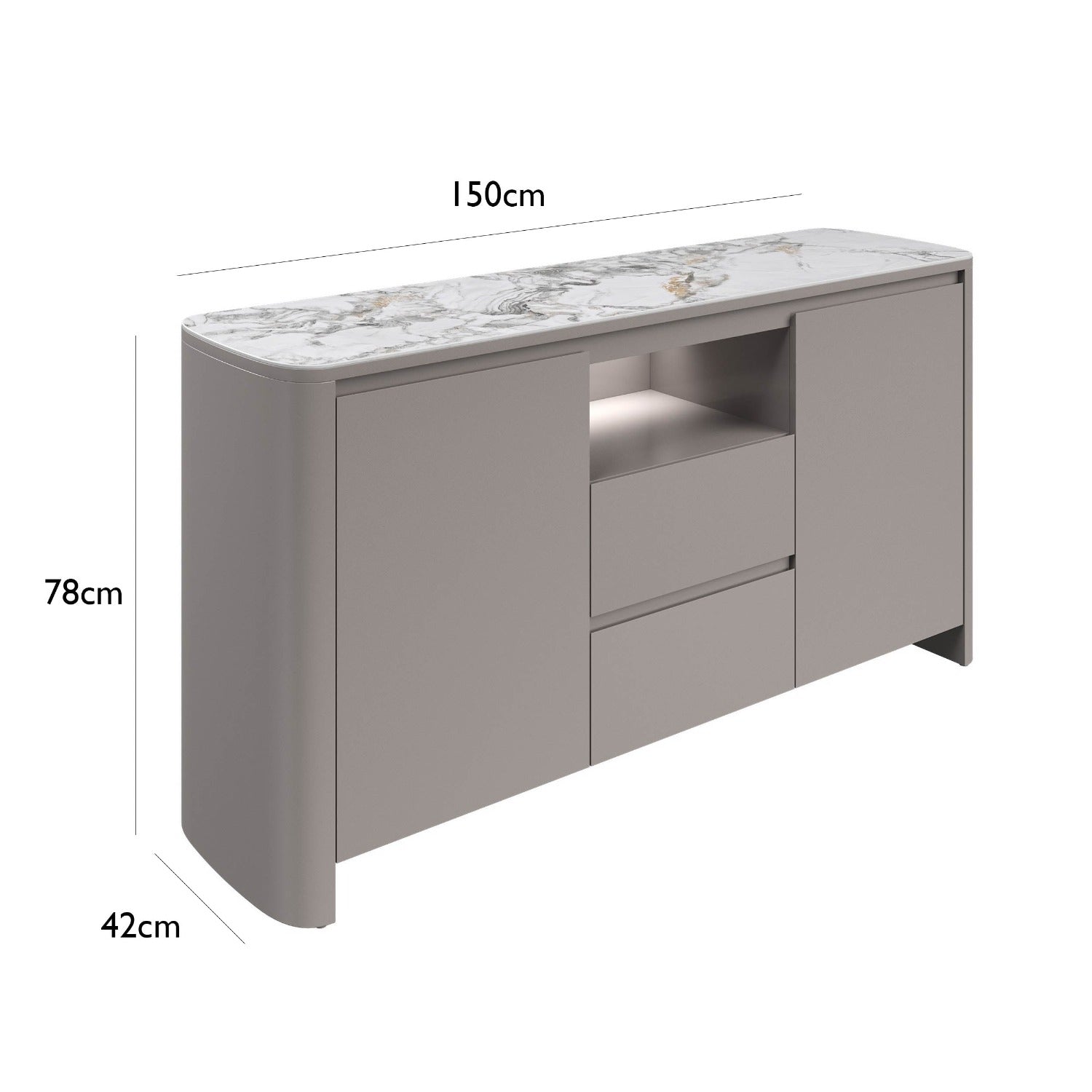 Milan 2 Door 2 Drawer Sideboard with White Ceramic Top, Light Grey Base - Diemsnions