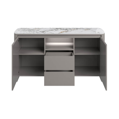 Milan 2 Door 2 Drawer Sideboard with White Ceramic Top, Light Grey Base - Open Drawers