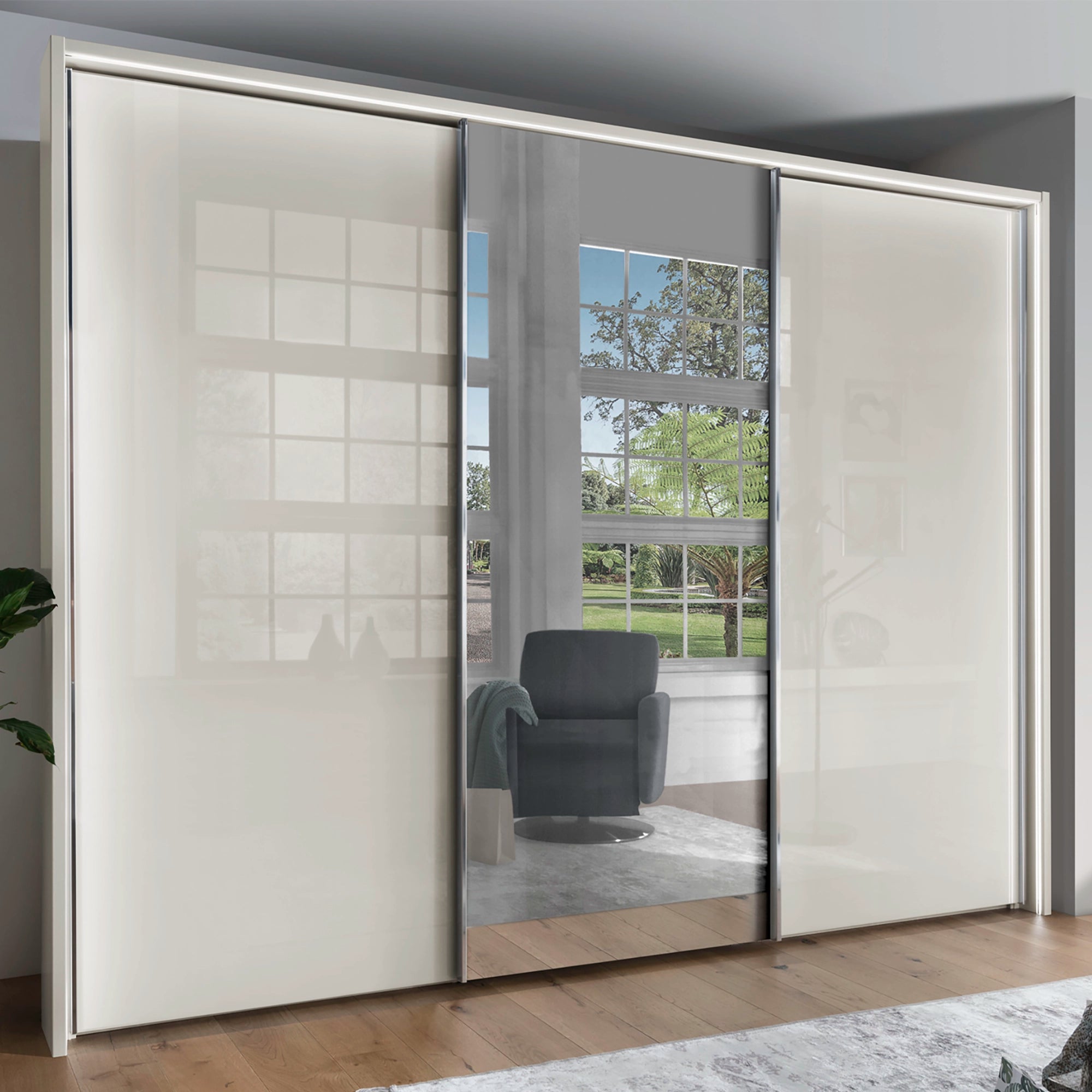 Wiemann Monroe Champagne Glass Sliding Triple Wardrobe with Mirror, Available in 4 width Sizes 225, 250, 280 and 300cm. Also 2 Height Sizes 217cm and 236cm. Premium Quality Wardrobe comes with 2 Years Warranty Depth is 67cm. We will deliver and Assemble for FREE -  With Passepartout Frame