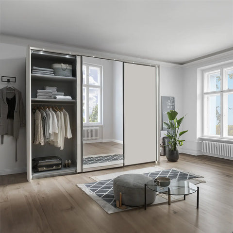 Monroe Champagne 3 Door Sliding Wardrobe with Mirror, Available in 4 width sizes 225, 250, 280, 300 and 2 Height sizes 217 and 236-Lifestyle Image Open Door