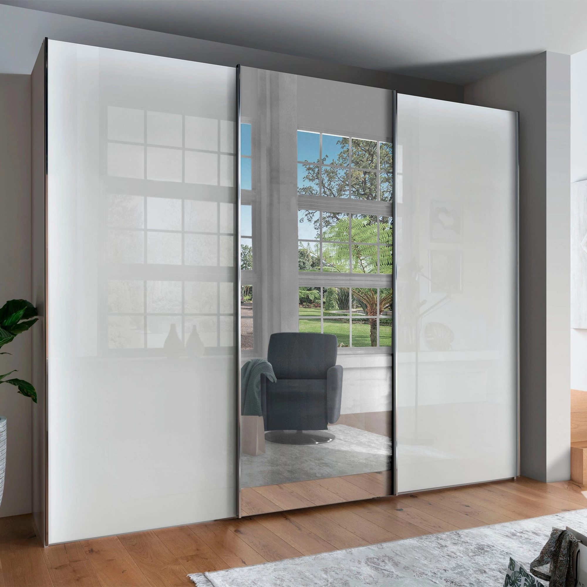 Monroe Grey 3 Sliding Door White Glass Wardrobe with Mirror