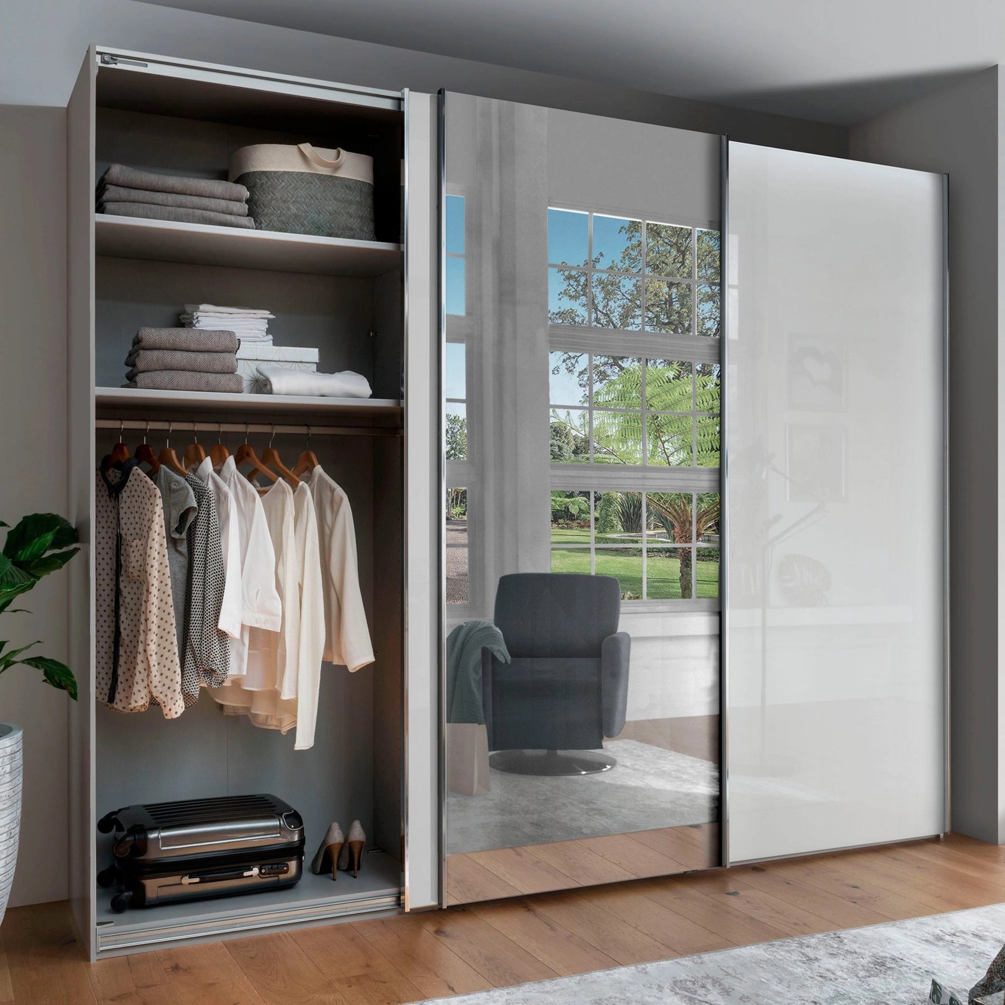 Monroe Grey 3 Sliding Door White Glass Wardrobe with Mirror