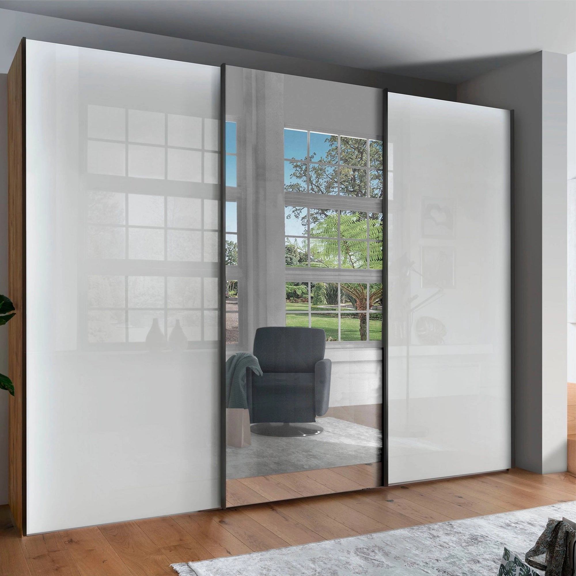 Wiemann Monroe Bianco Oak White Glass 3 Sliding Door Wardrobe with Mirror