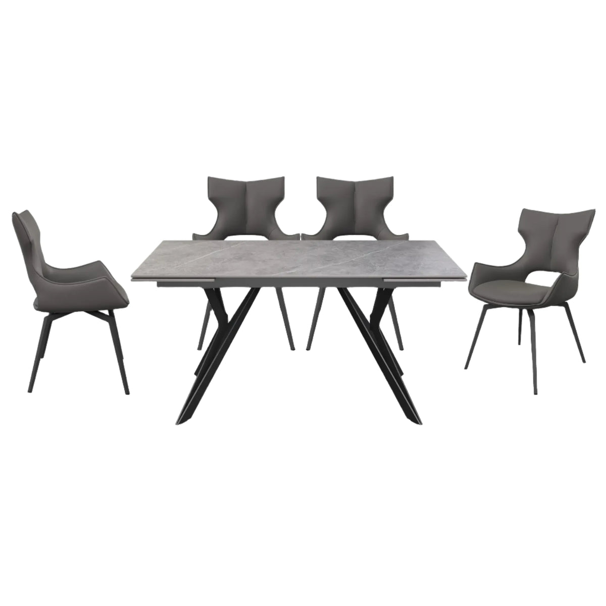 Murano Grey Ceramic Extending Dining Table with Rafaello Leather Swivel Dining Chairs