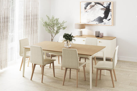 Modern Serenity Extending Dining Table in Cashmere Paint with American White Oak finish, available at Pendle Village Furniture. - 004