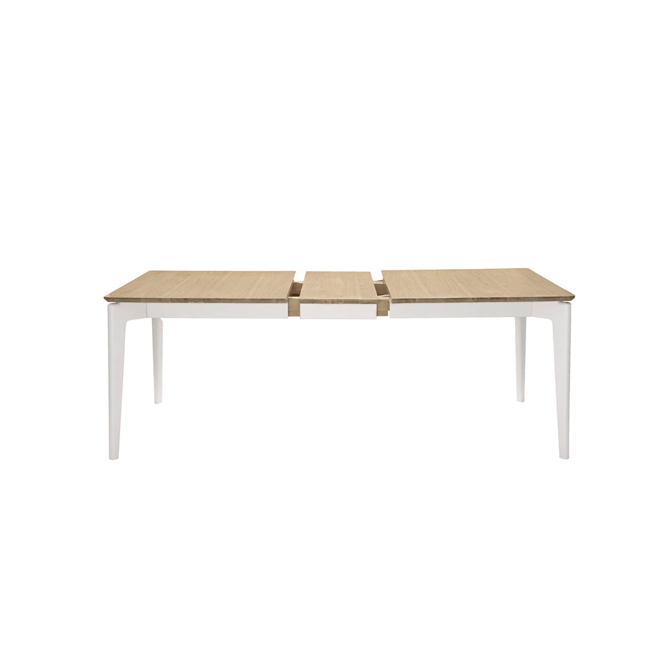 Modern Serenity Extending Dining Table in Cashmere Paint with American White Oak finish, available at Pendle Village Furniture. - 004