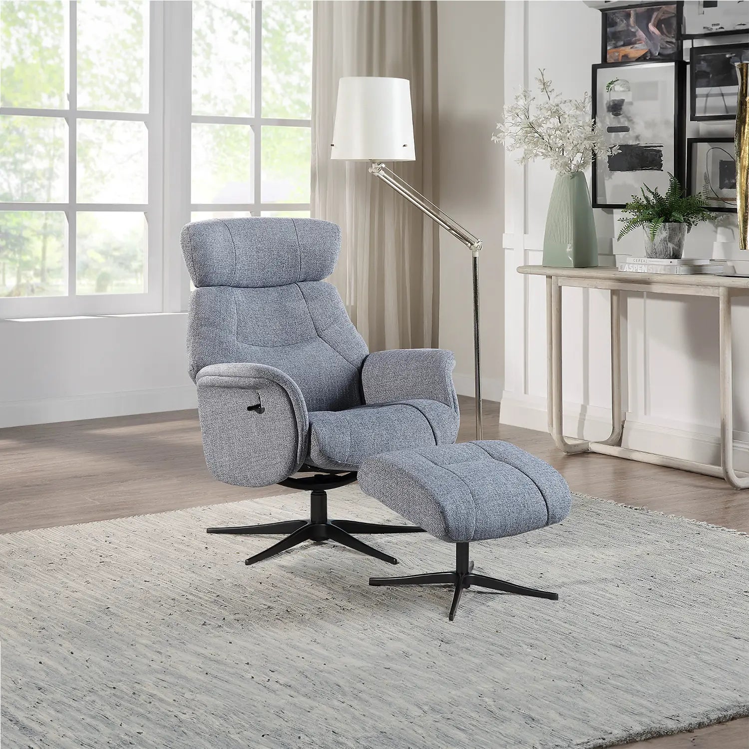 Marseille Fabric Swivel Recliner Chair and Footstool