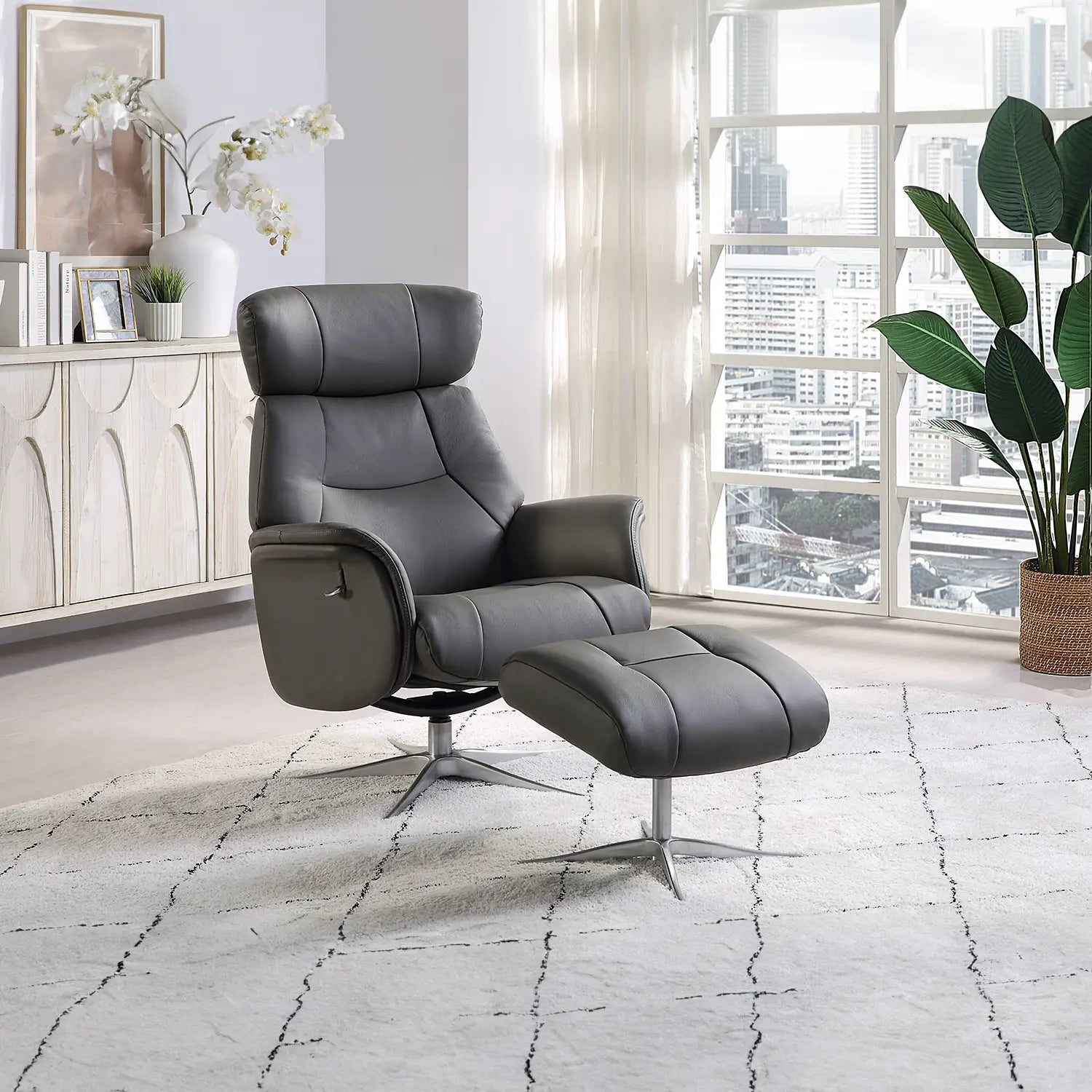 Marseille Leather Swivel Recliner Chair and Footstool