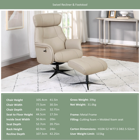 Marseille Fabric Swivel Recliner Chair and Footstool - Specifications