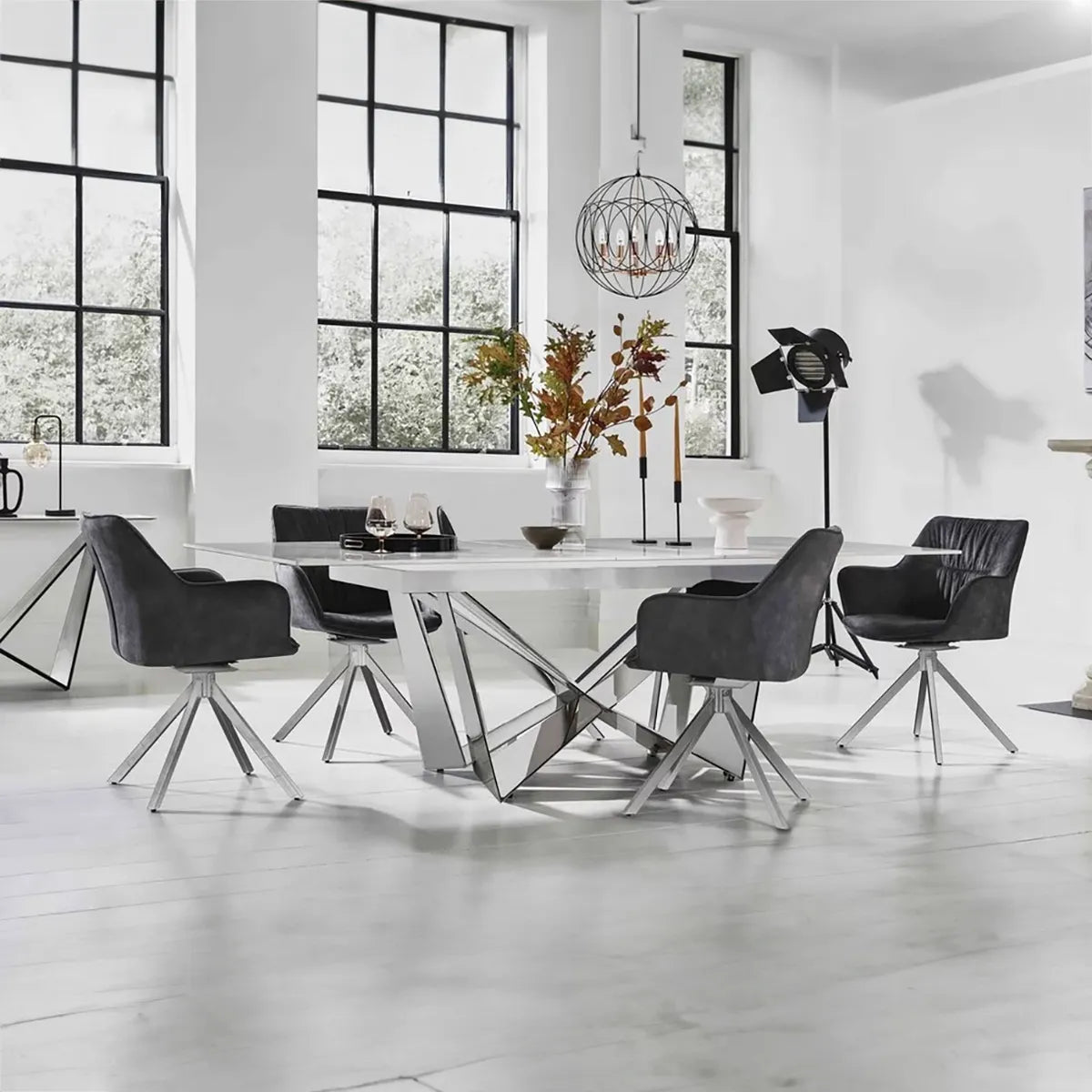 Marvel Chrome Large Extending Dining Table and 6 Swivel Dining Chairs