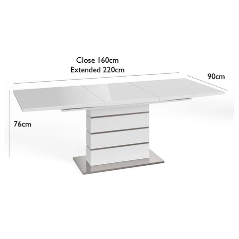 Massimo 160-220cm High Gloss White Extending Dining Table - Dimensions