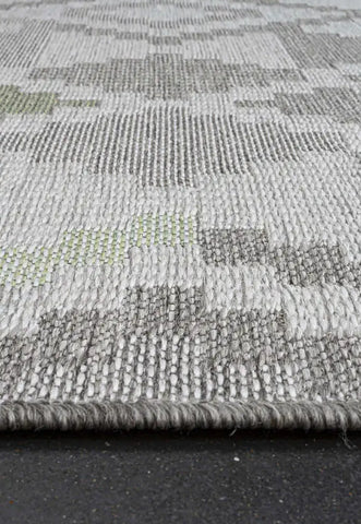 Brighton Grey And Green Geometric Indoor Outdoor Rug, available in various colours and sizes - Edge of Rug Image