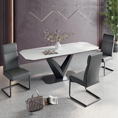 Merlin 180-220cm Matte White Ceramic Extending Dining Table and 6 Faux Leather Dining Chairs