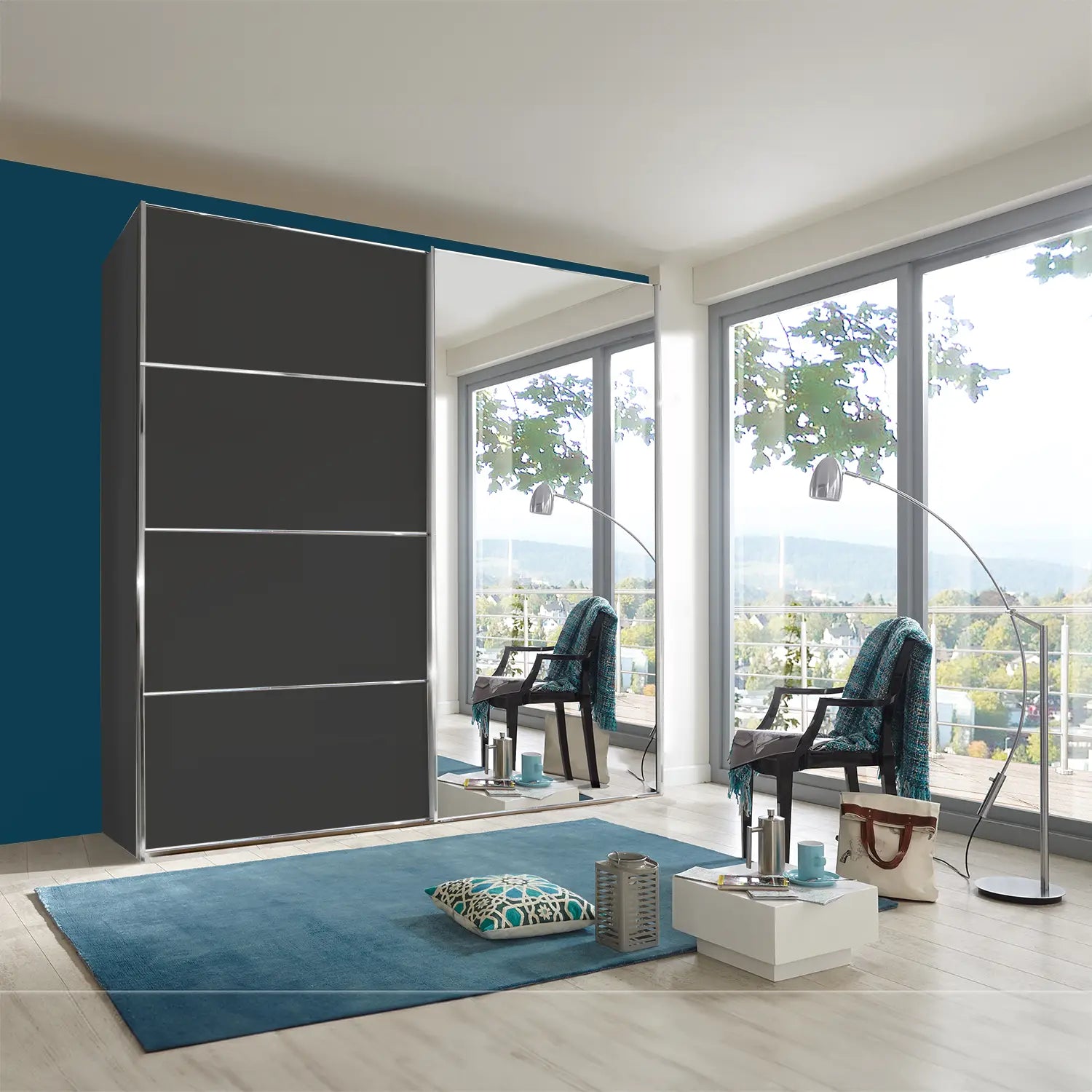 Wiemann Houston 150cm Graphite Glass & Mirror Sliding Wardrobe