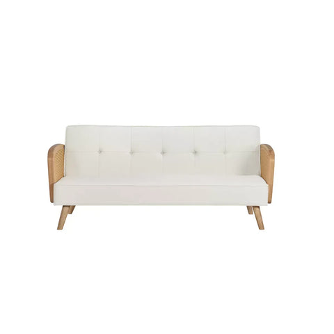 Milan Rattan Arm White Boucle Fabric Sofa Bed - Button back Seats