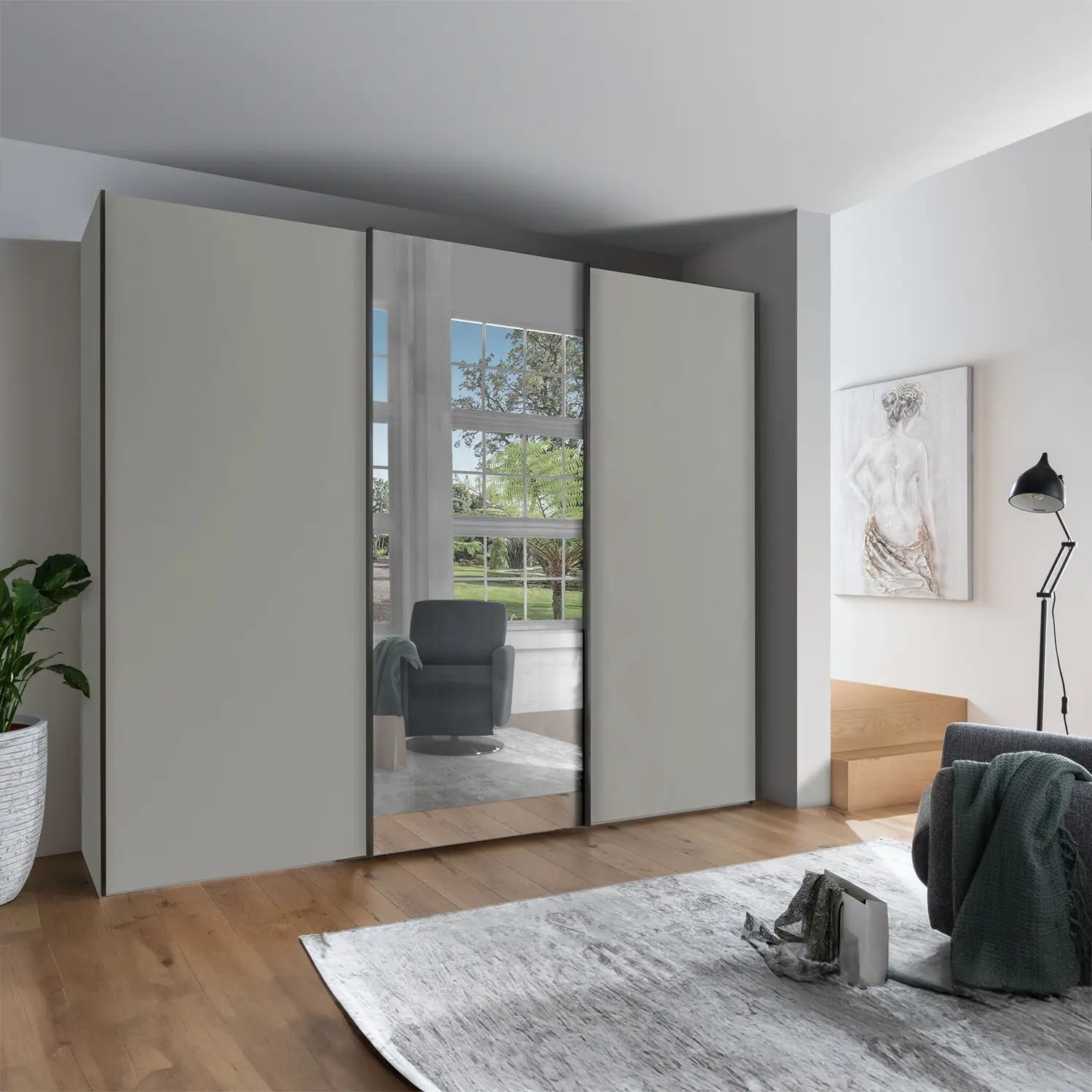 Monaco 3000 Large Sliding Door Wardrobe With Mirror in Pebble Grey Decor Finish