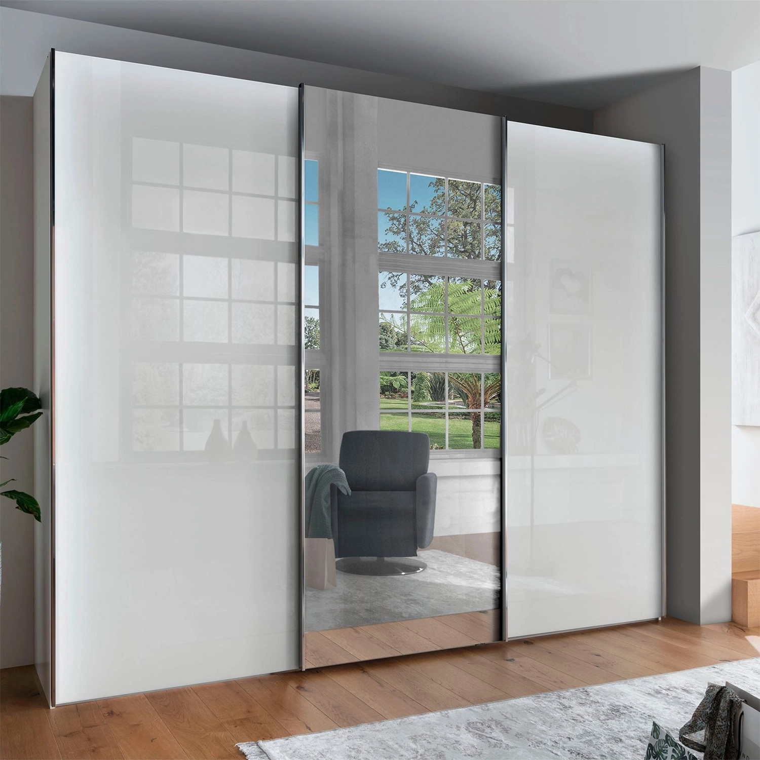 Monaco 3000 White Glass Large Sliding Door Wardrobe with Mirror