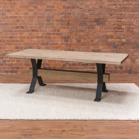 Montauk Large 2m Dining Table showcasing the iconic signature beam surrounded in Black Iron Leg Support - Angled View of Table