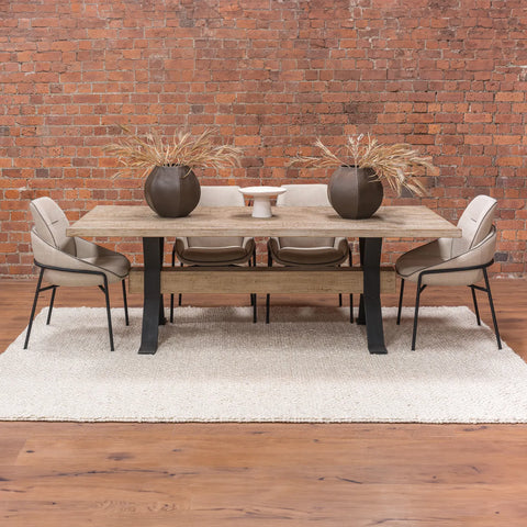 Montauk Large 2m Dining Table showcasing the iconic signature beam surrounded in Black Iron Leg Support - Table with Chairs