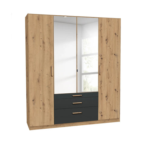 Mosbach 4 Door Graphite & Oak Wardrobe with Mirror and Drawers - 181cm