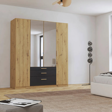 Mosbach 4 Door Graphite & Oak Wardrobe with Mirror and Drawers - 181cm