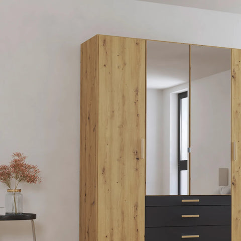 Mosbach 4 Door Graphite & Oak Wardrobe with Mirror and Drawers - 181cm