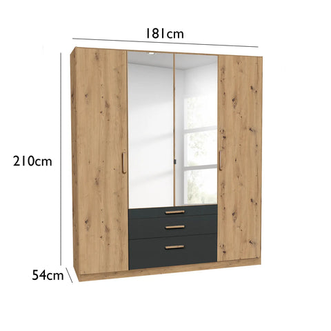 Mosbach 4 Door Graphite & Oak Wardrobe with Mirror and Drawers - 181cm