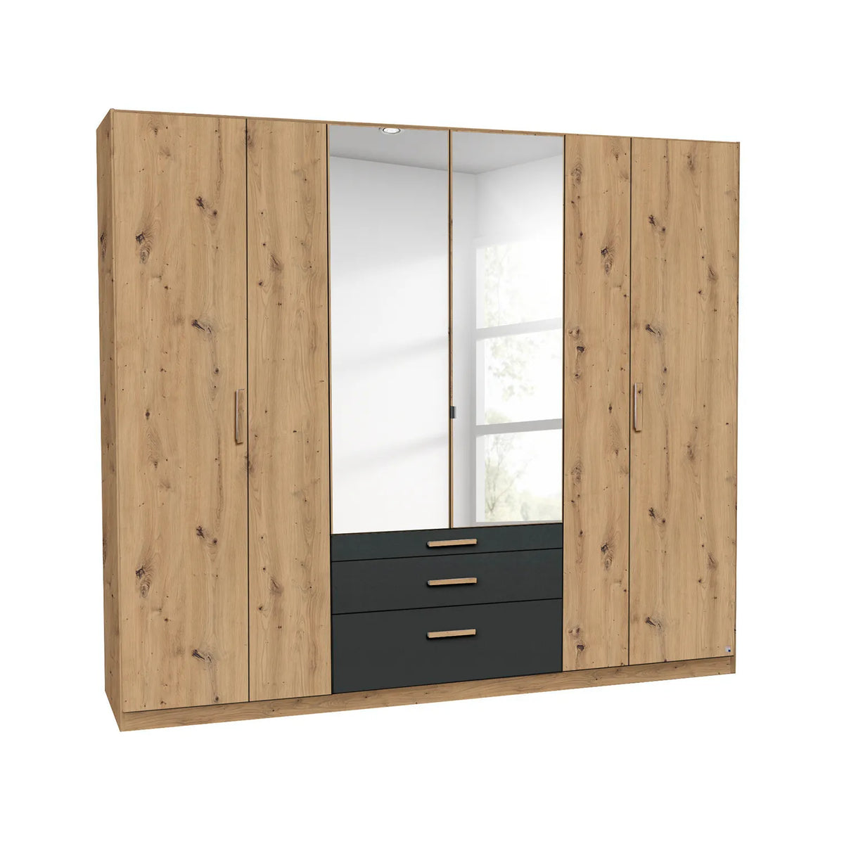 Mosbach 6 Door Graphite & Oak Wardrobe with Mirror and Drawers Width 226cm, Height 210 cm Depth 54 cm 