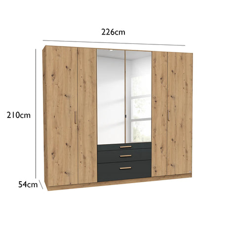 Mosbach 6 Door Graphite & Oak Wardrobe with Mirror and Drawers - 226cm