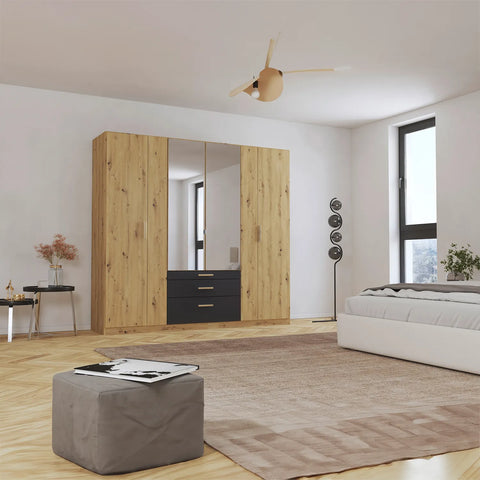 Mosbach 6 Door Graphite & Oak Wardrobe with Mirror and Drawers Width 226cm, Height 210 cm Depth 54 cm  - Wardrobe