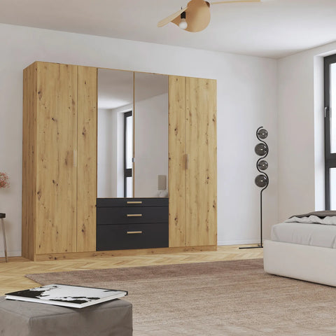 Mosbach 6 Door Graphite & Oak Wardrobe with Mirror and Drawers Width 226cm, Height 210 cm Depth 54 cm - Lifestyle 