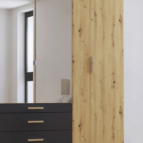 Mosbach 6 Door Graphite & Oak Wardrobe with Mirror and Drawers Width 226cm, Height 210 cm Depth 54 cm - Door Handle