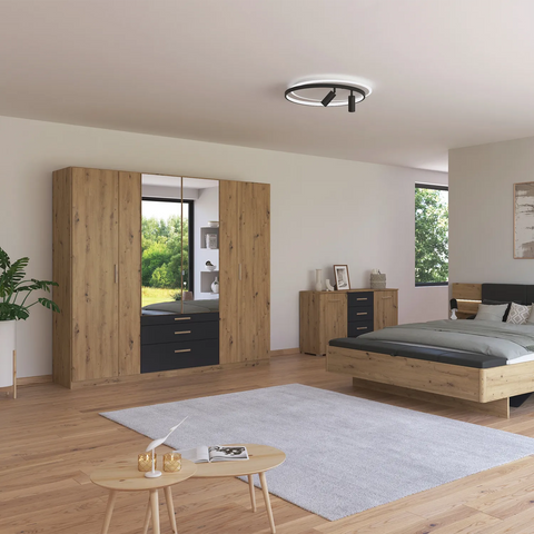 Mosbach 6 Door Graphite & Oak Wardrobe with Mirror and Drawers Width 226cm, Height 210 cm Depth 54 cm - Bedroom Furniture Set